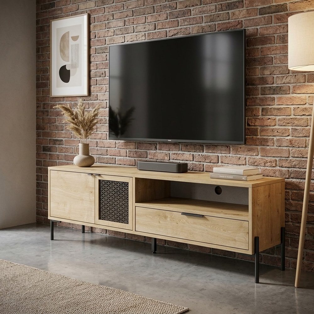 Mueble de TV con puertas y cajón roble