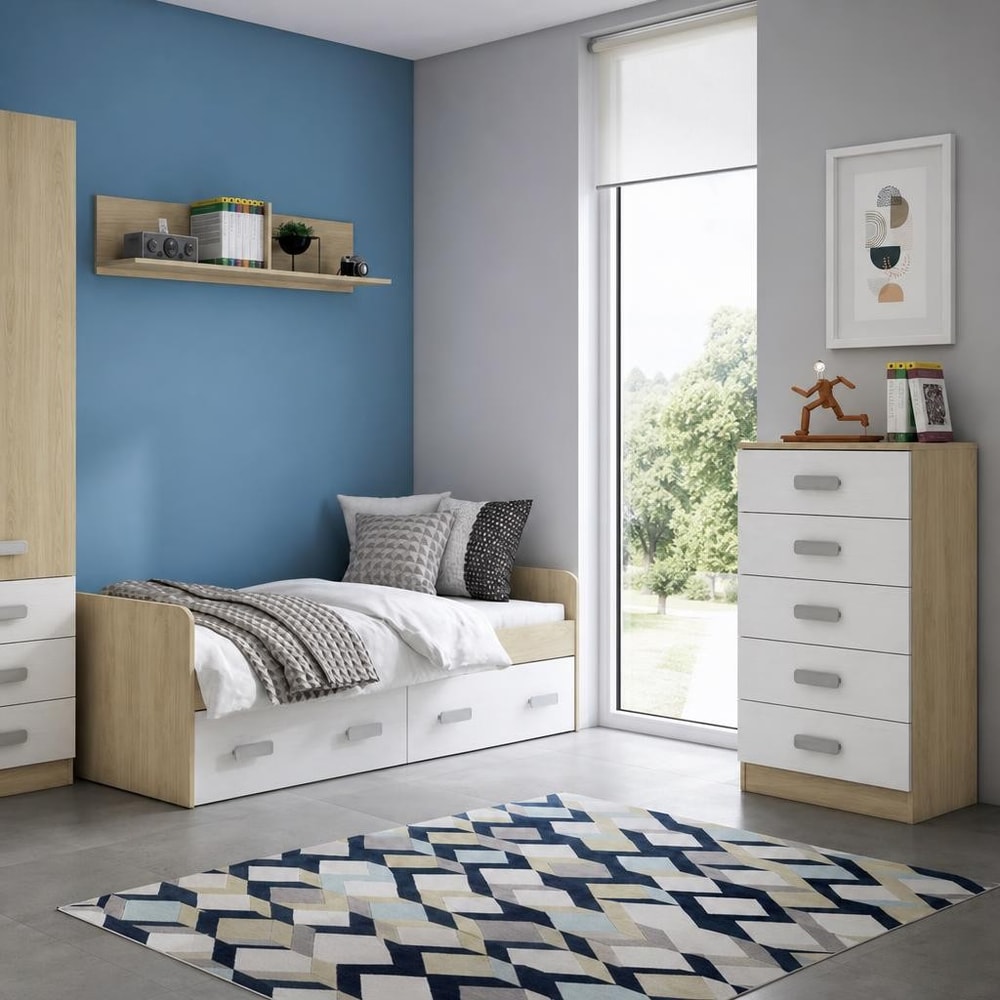 Dormitorio juvenil con cama, sinfonier y estante