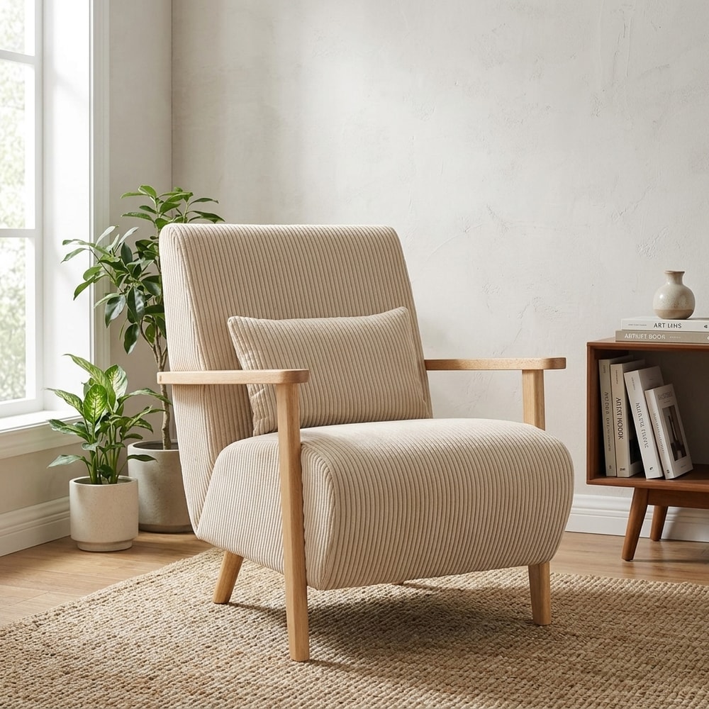 Sillón tapizado en pana beige con madera de roble