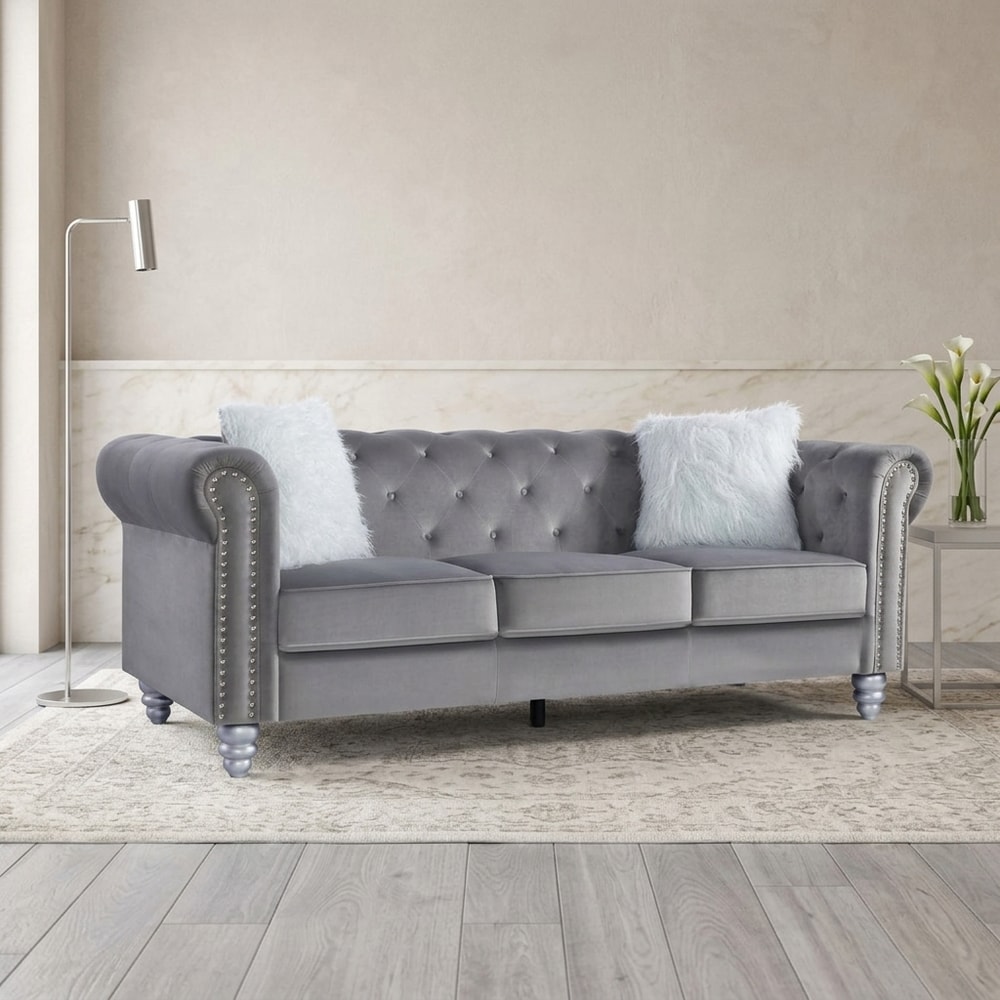 Sofá 3 plazas terciopelo gris estilo Chester