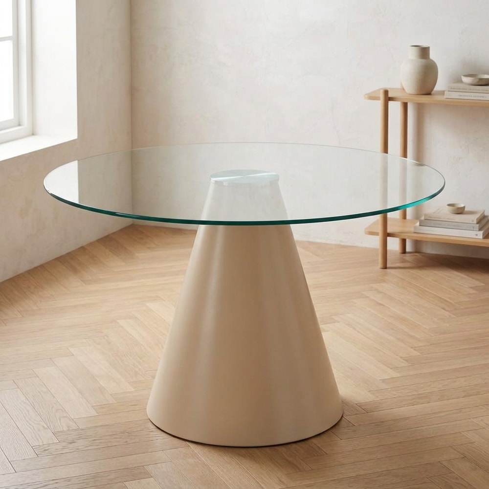 Mesa de comedor redonda beige con sobre de cristal