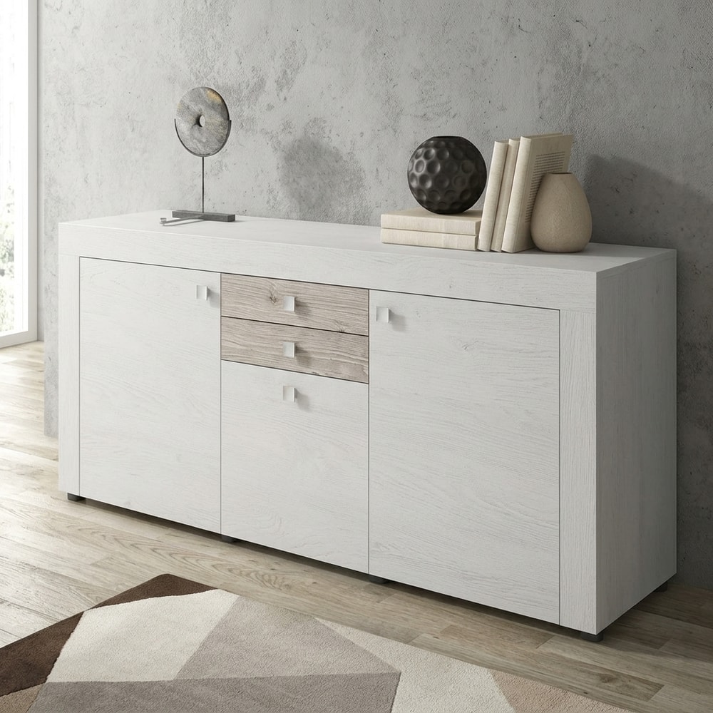 Aparador moderno gris con detalles de madera