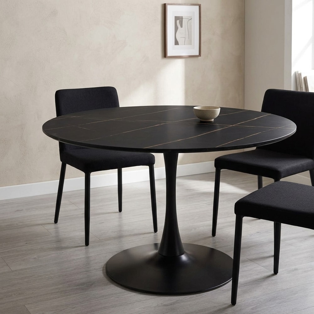 Mesa de comedor redonda efecto mármol negro