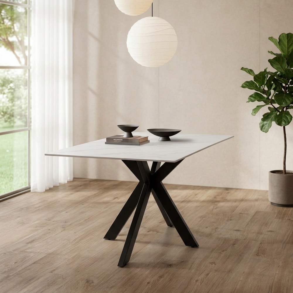 Mesa de comedor de cerámica blanca y metal negro