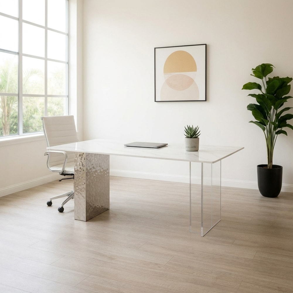 Mesa de comedor cerámica blanca y acero inox