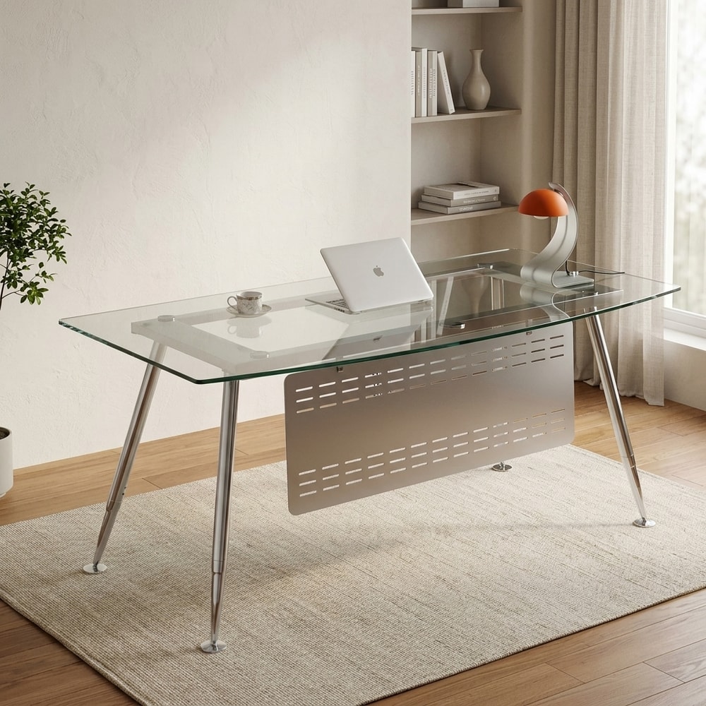 Mesa de oficina moderna cristal blanco y cromo