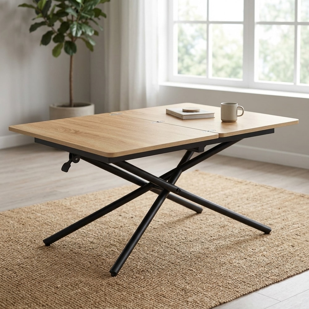 Mesa centro elevable y extensible roble y negro