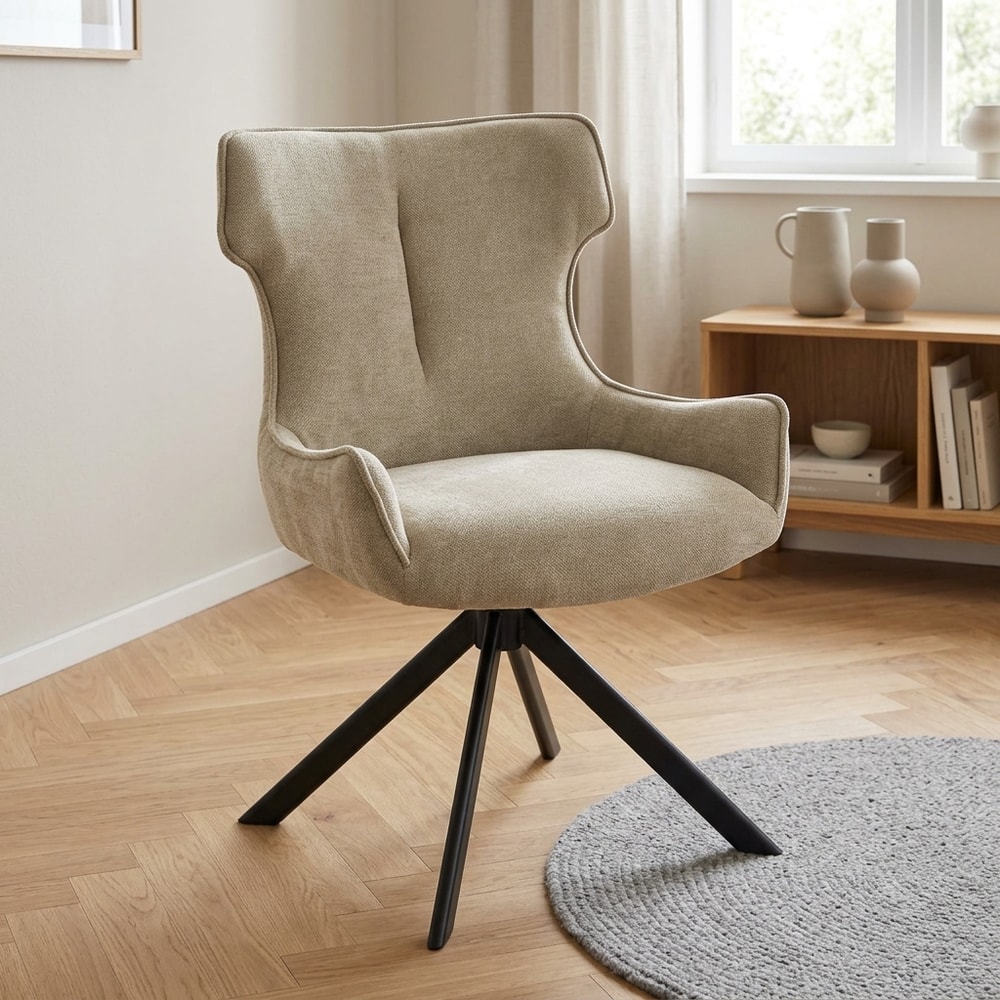 Silla de comedor tapizada beige con patas negras