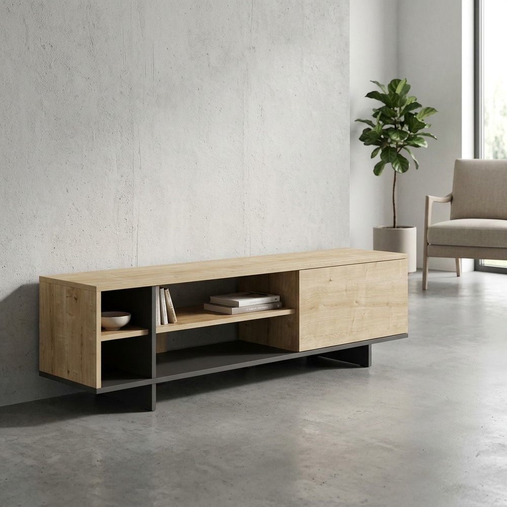 Mueble de TV Moderno Roble y Negro con Estantes
