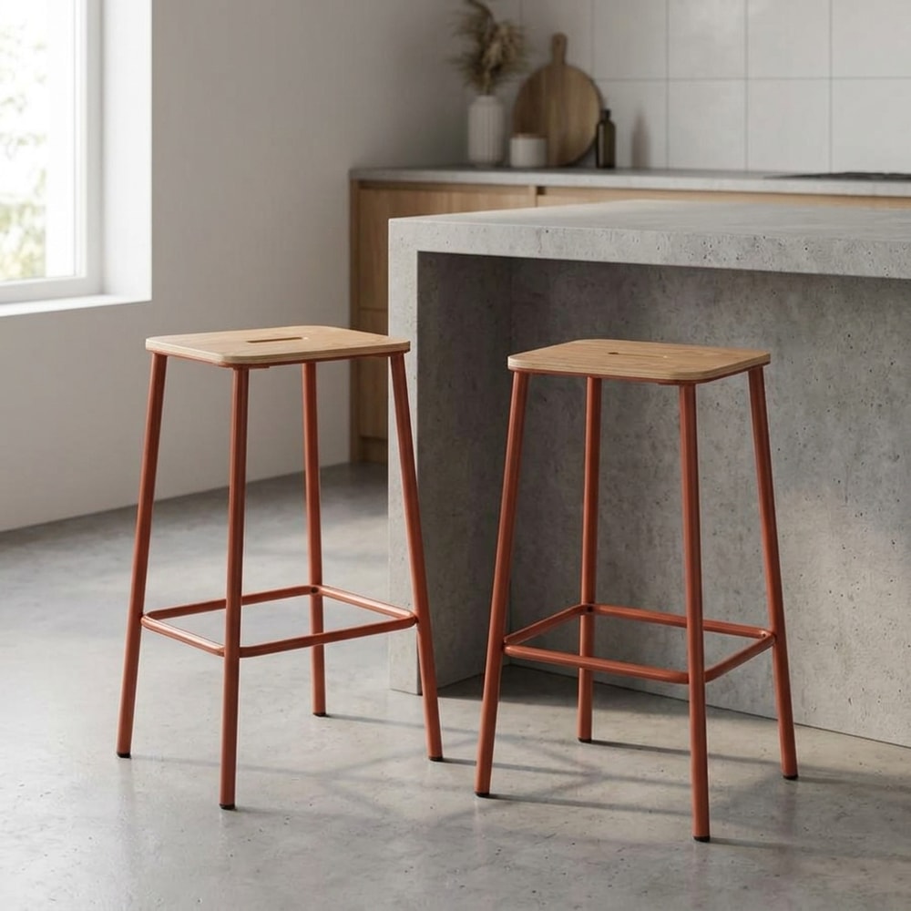 Taburete de barra en madera y metal color teja