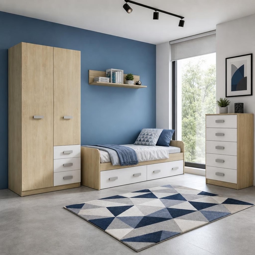 Dormitorio juvenil con cama, armario y sinfonier