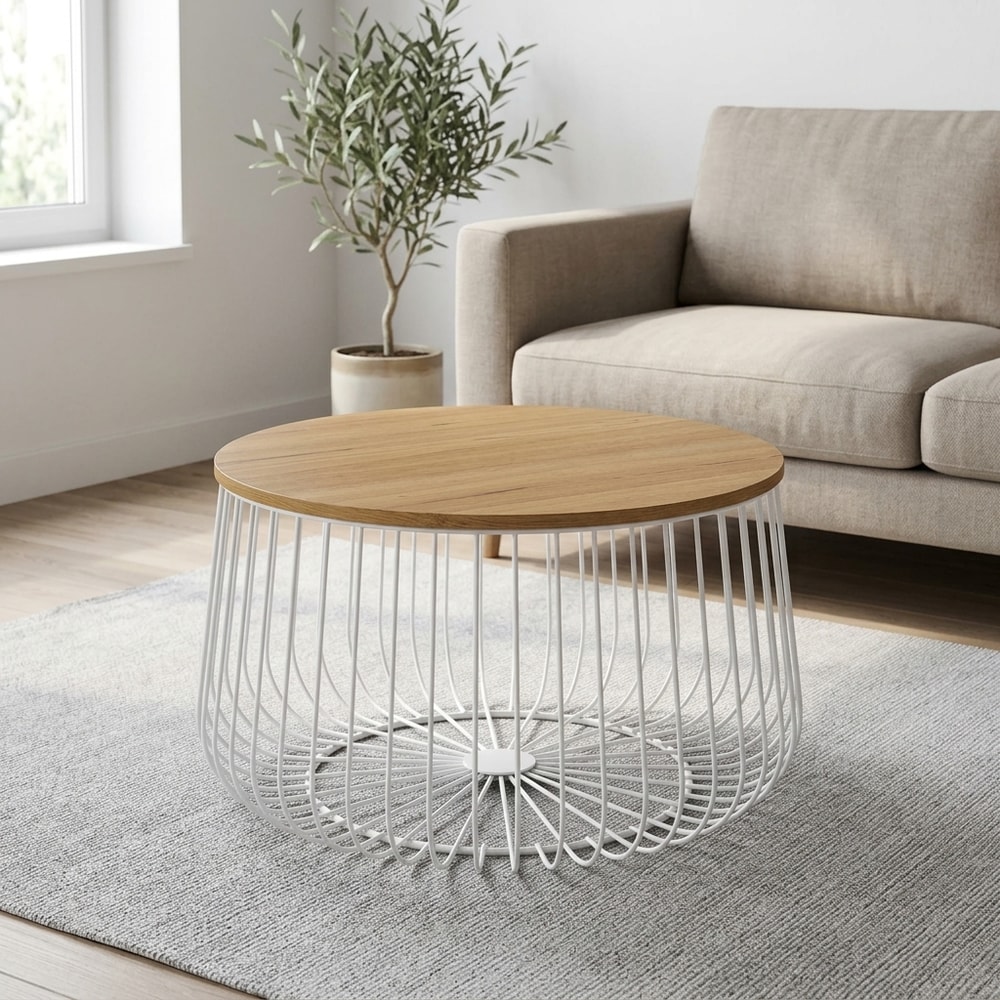 Mesa de centro redonda metal blanco y madera