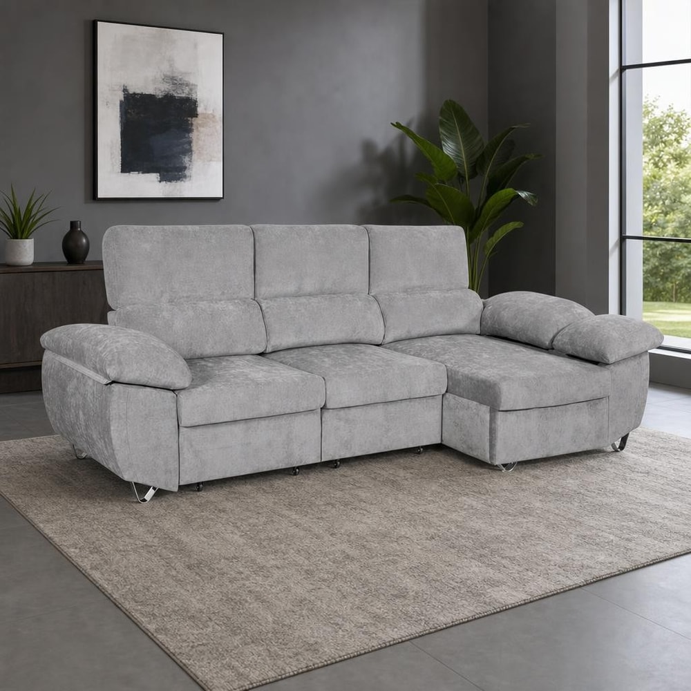 Sofá cama con chaise longue derecha y arcón