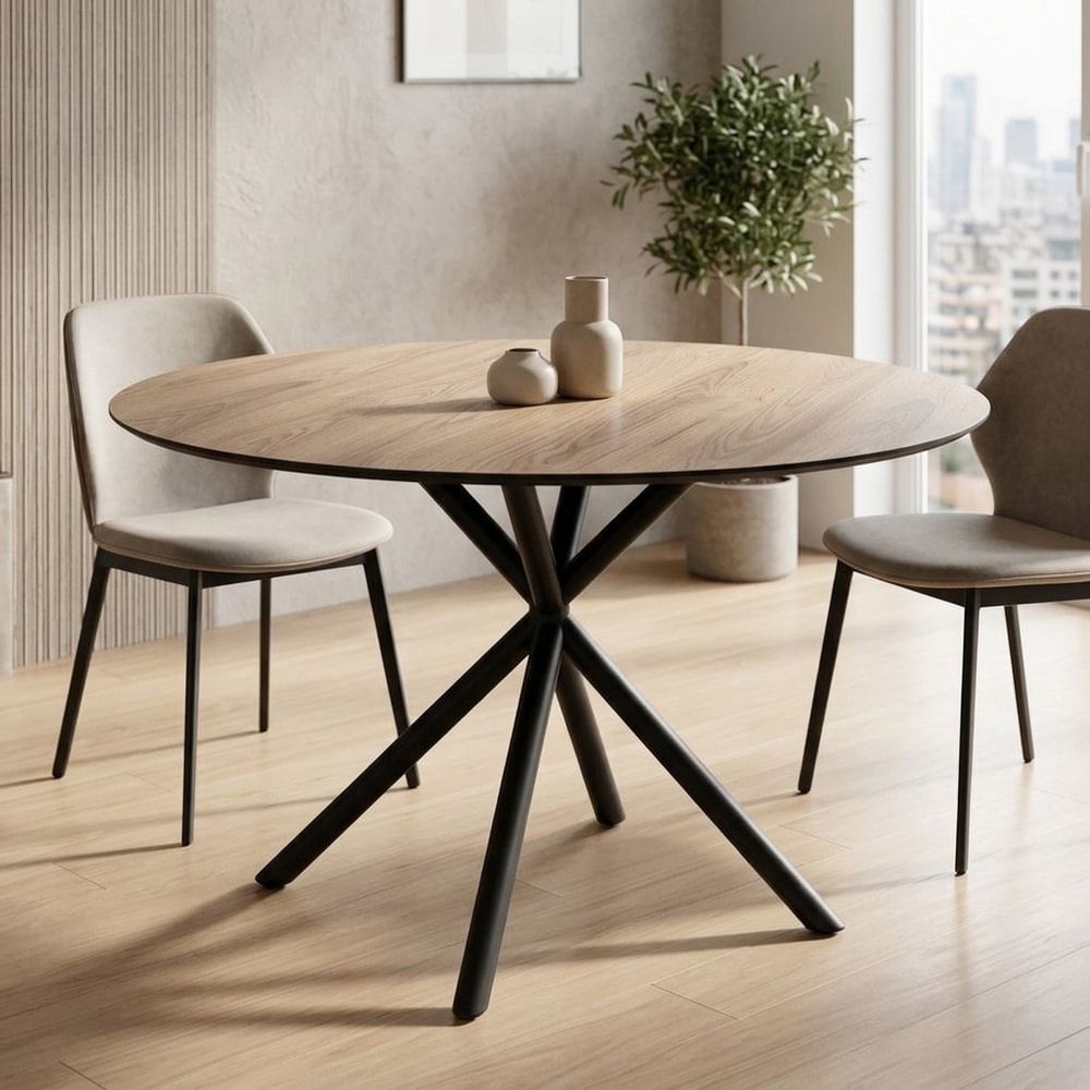Mesa de comedor redonda en roble y metal