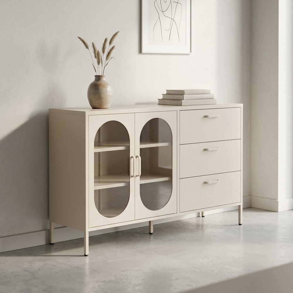 Aparador beige con vitrina y tres cajones