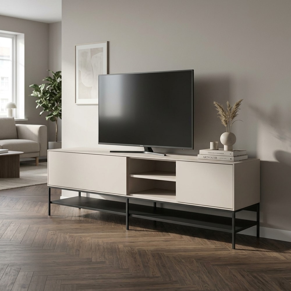 Mueble de TV Moderno en Color Crema y Negro