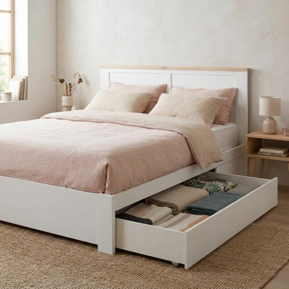 Cama doble blanca con cajón de almacenaje