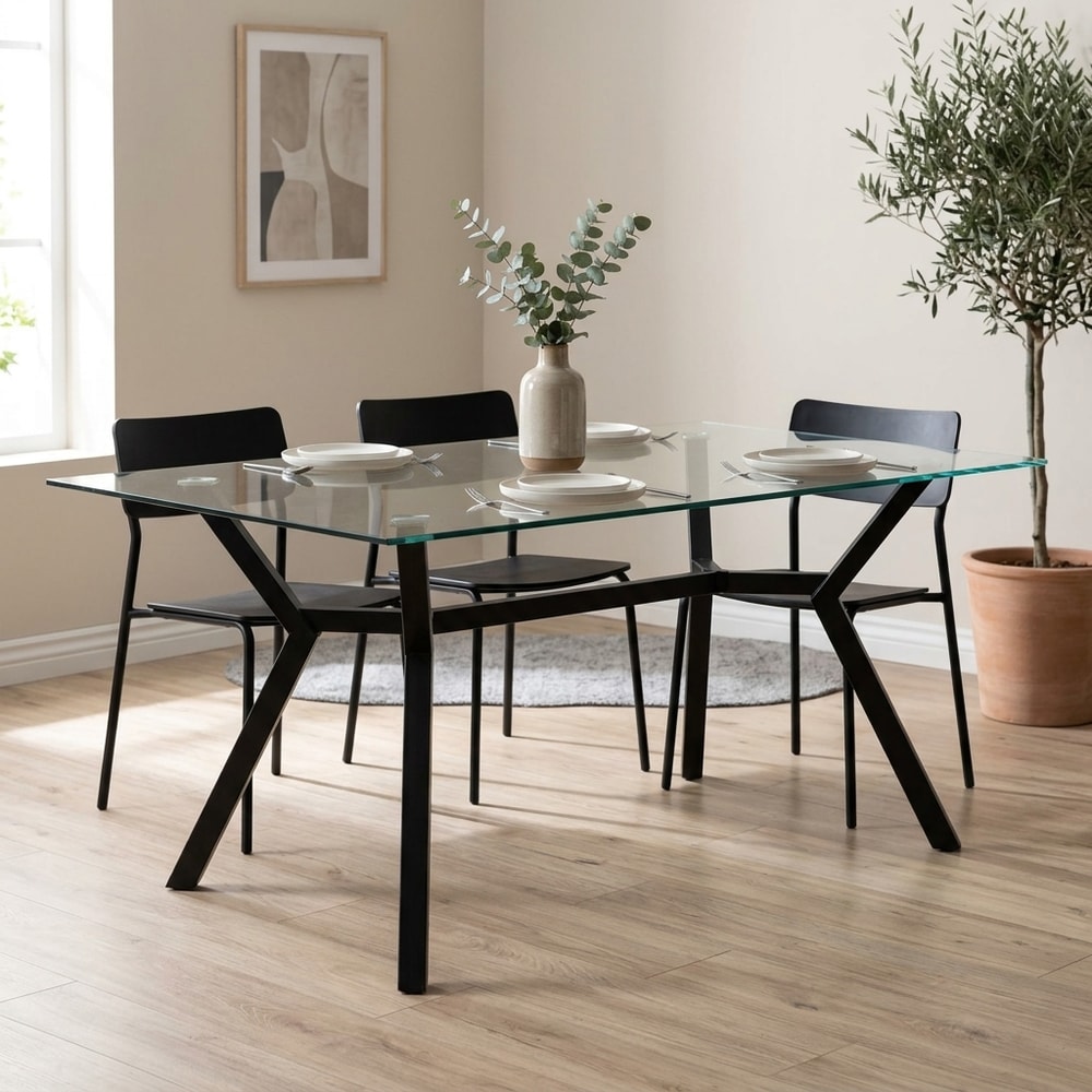 Mesa de comedor de cristal y patas negras