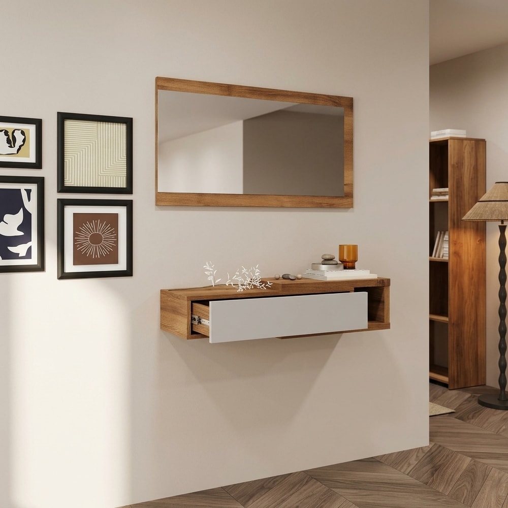 Recibidor Moderno con Espejo y Cajón Beige
