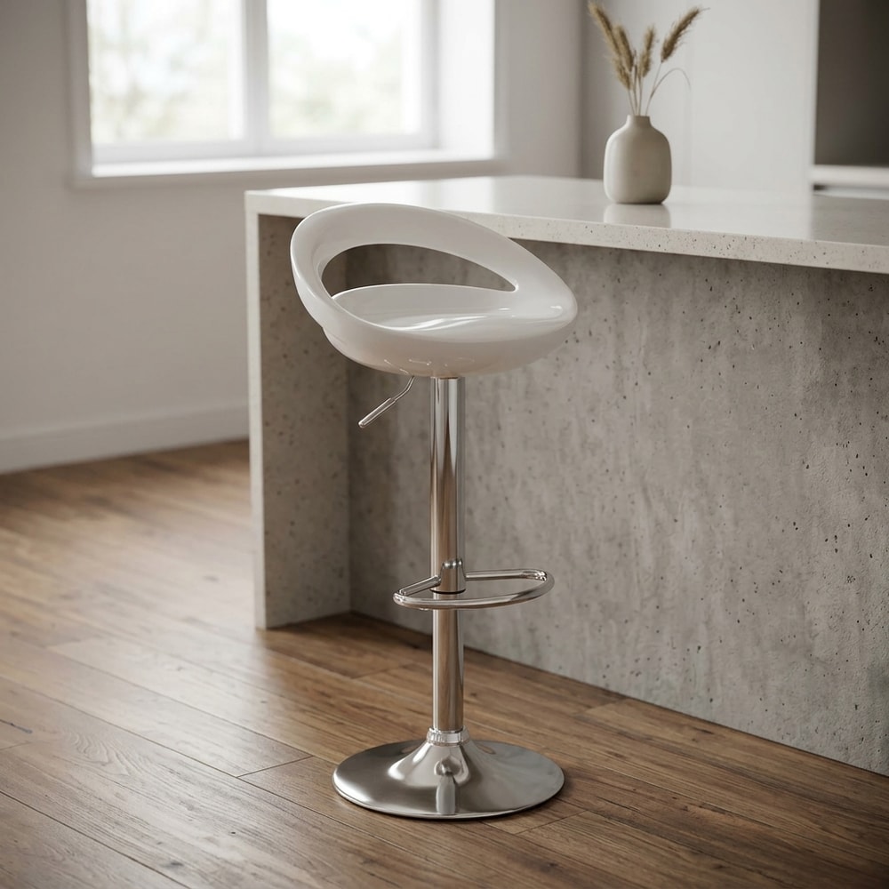 Taburete blanco regulable con base cromada