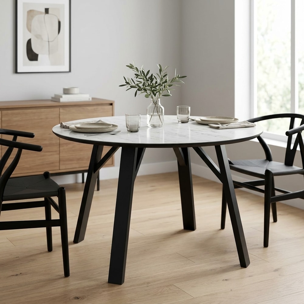 Mesa de comedor redonda efecto mármol y negro