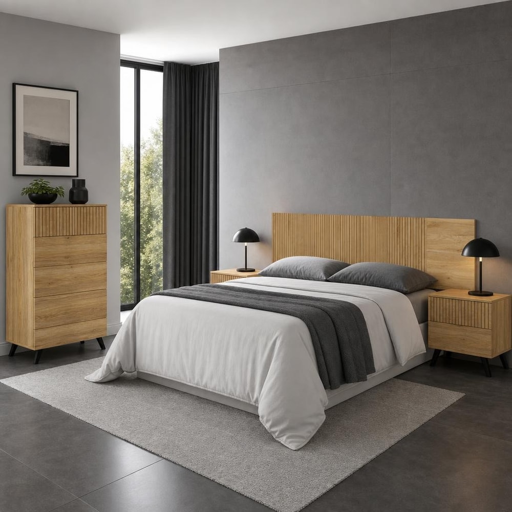 Dormitorio completo efecto madera con rayas