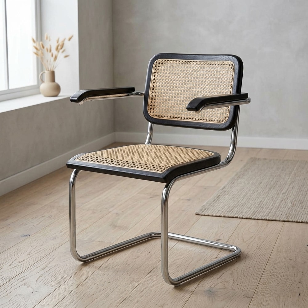Silla de comedor negra con brazos y ratán