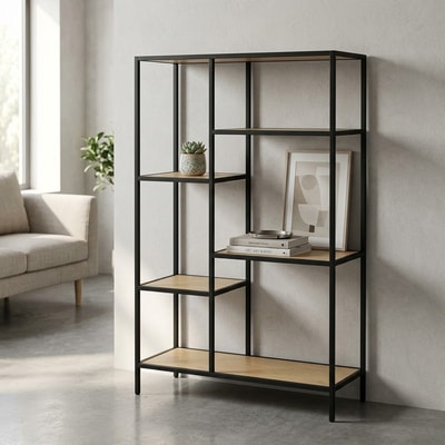 Estantería baja asimétrica metal y madera