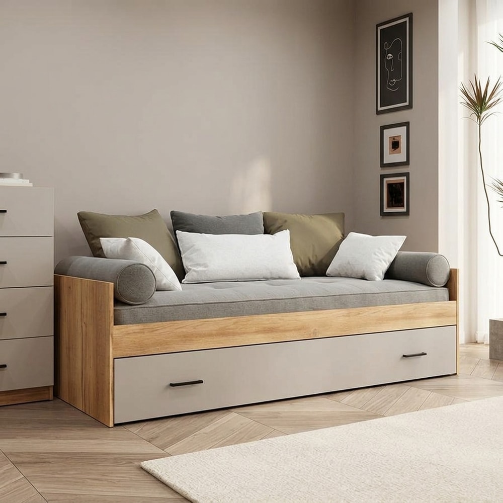 Cama nido juvenil beige y madera natural