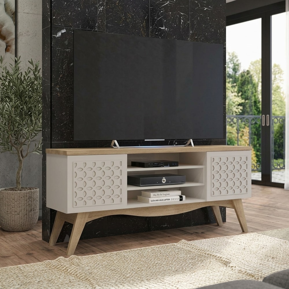 Mueble de TV Moderno Blanco Roto y Madera Cedro