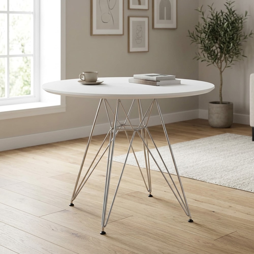 Mesa redonda blanca con estructura cromada