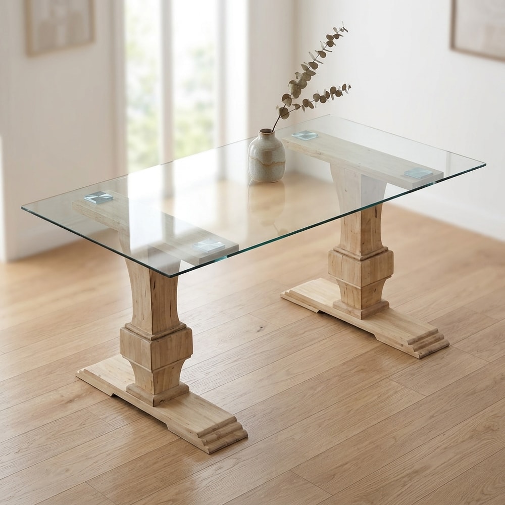 Mesa de comedor elegante en cristal y roble