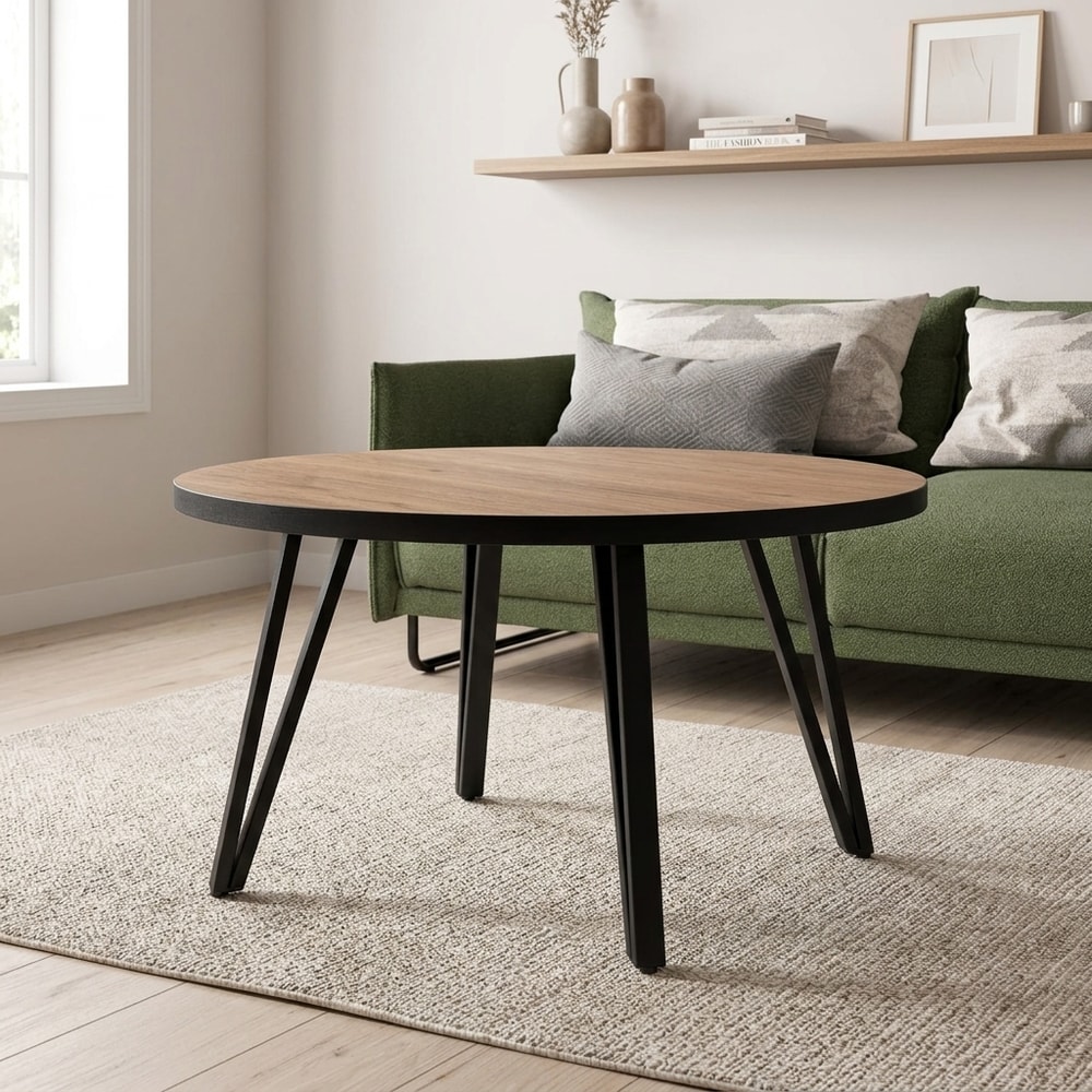 Mesa de centro redonda de madera y metal negro