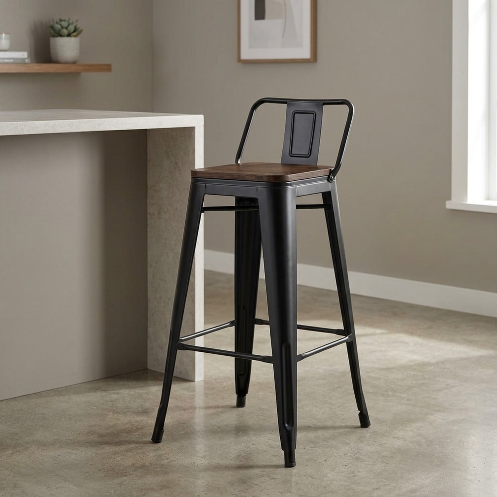 Taburete alto industrial acero negro y madera