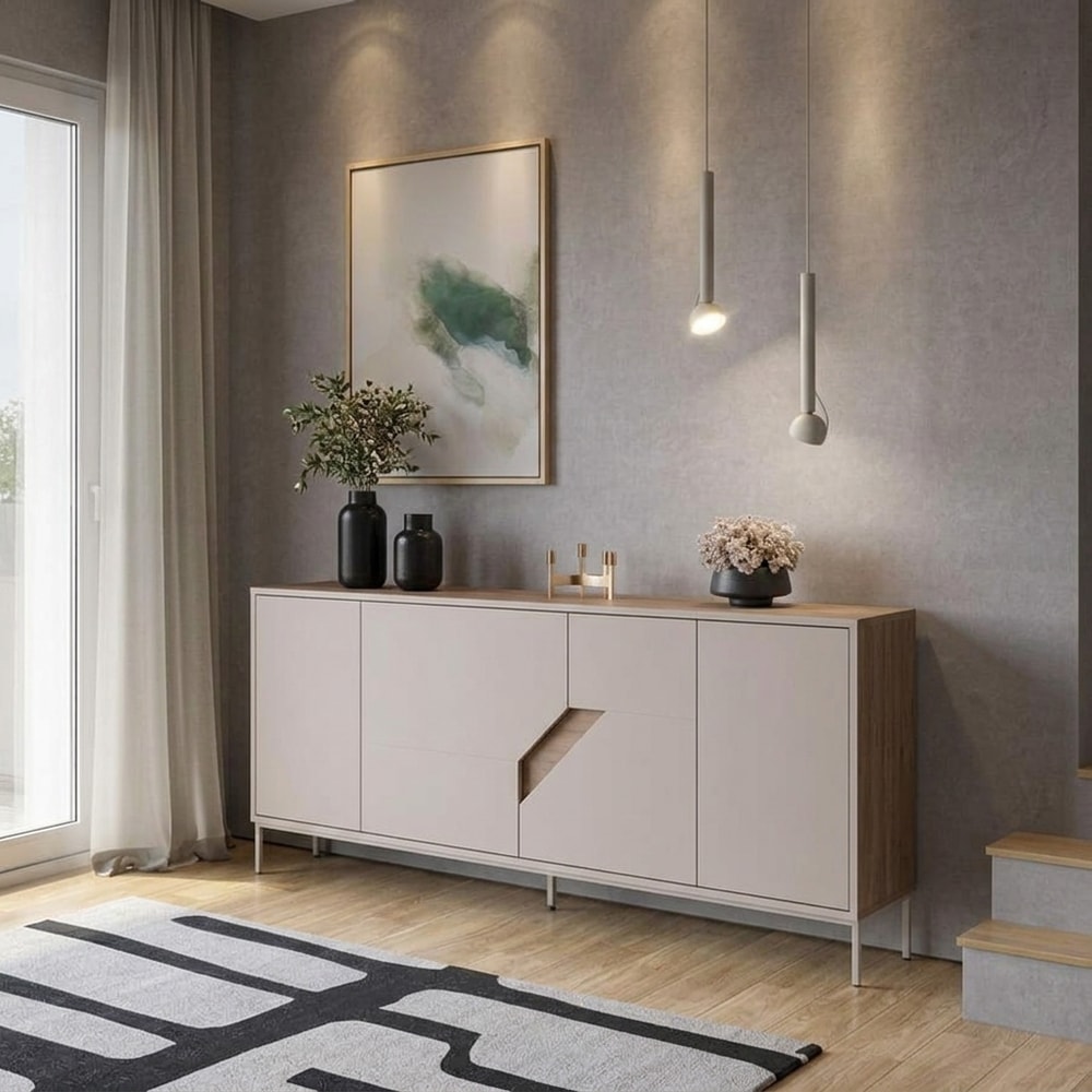 Aparador elegante de 4 puertas beige y madera