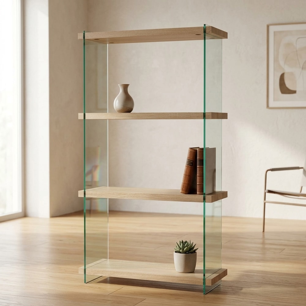 Estantería de madera natural y cristal templado