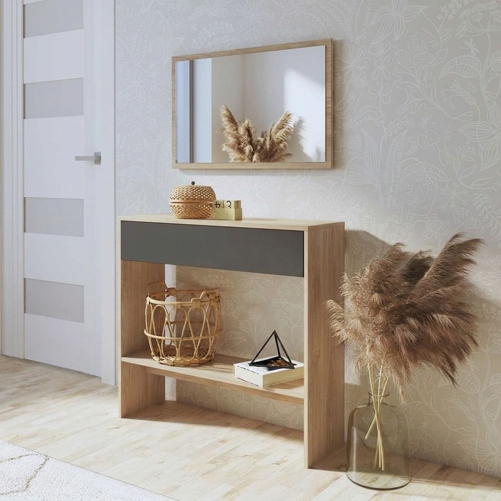Mueble recibidor con espejo y cajón grafito