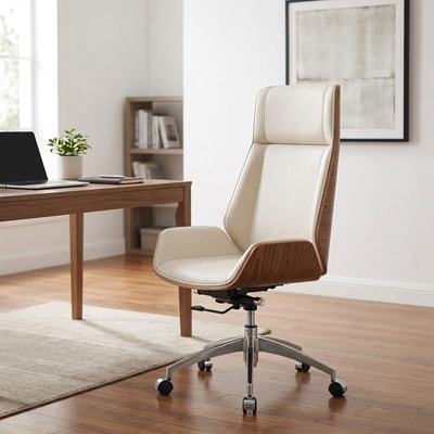 Silla de oficina giratoria blanca y madera