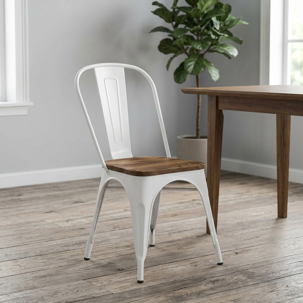 Silla industrial blanca con asiento de madera