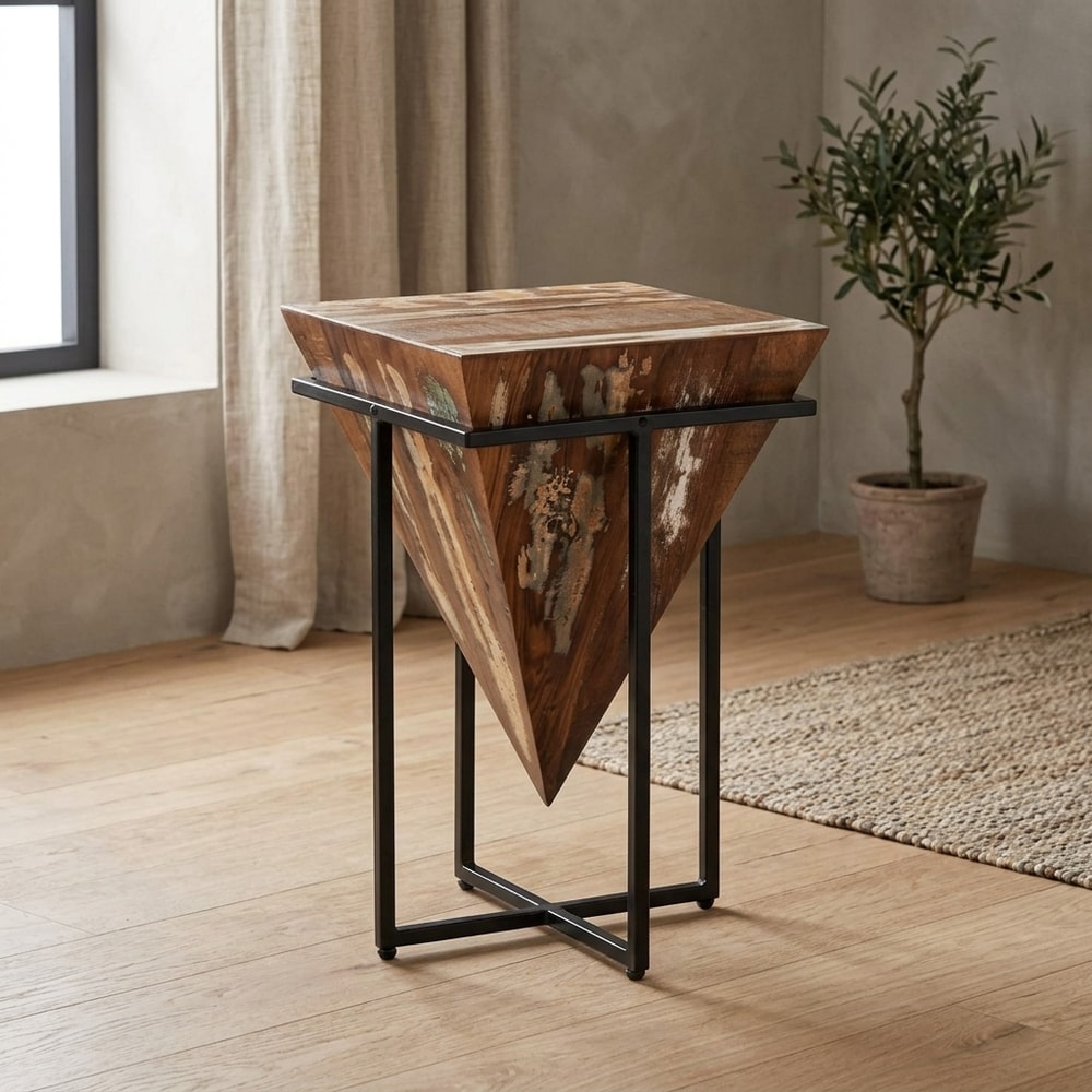 Mesa auxiliar piramidal de madera y metal negro