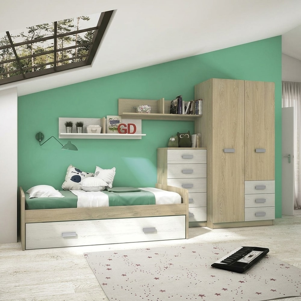 Dormitorio Juvenil Completo en Madera y Blanco