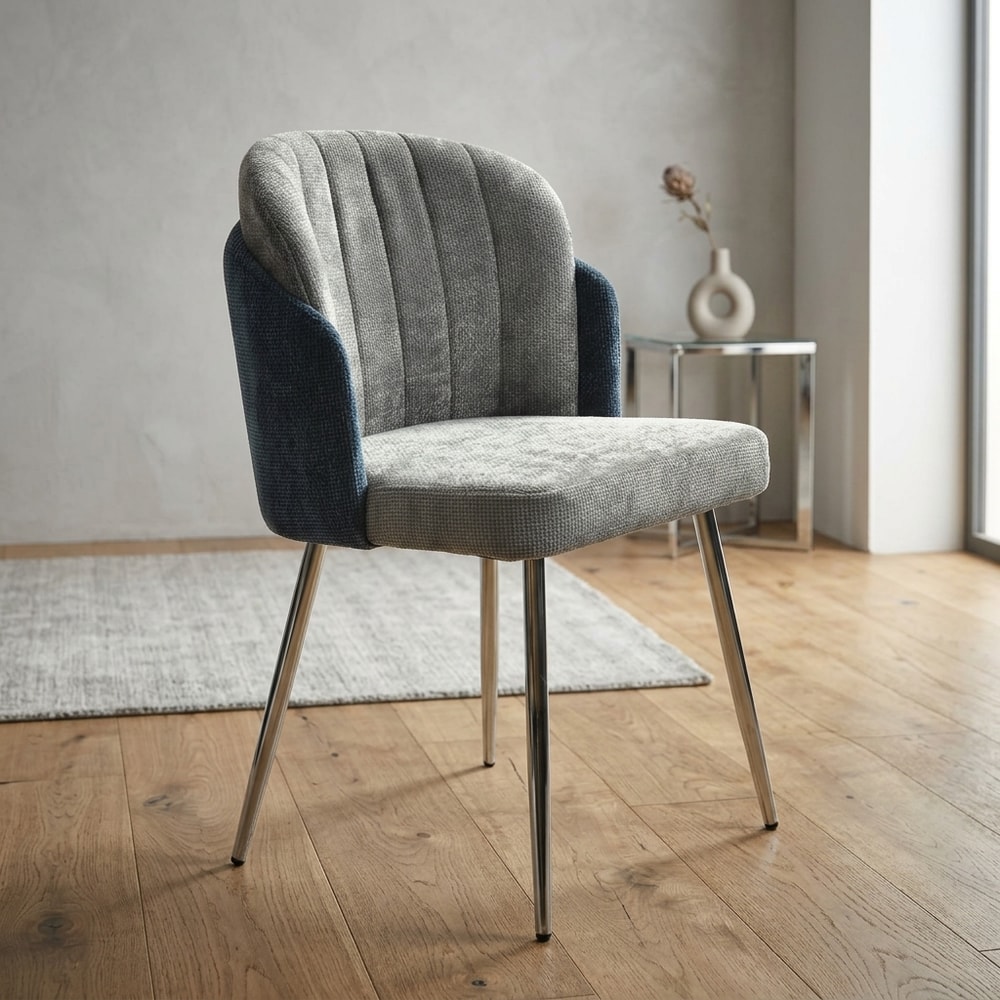 Silla de comedor tapizada en chenilla azul y gris