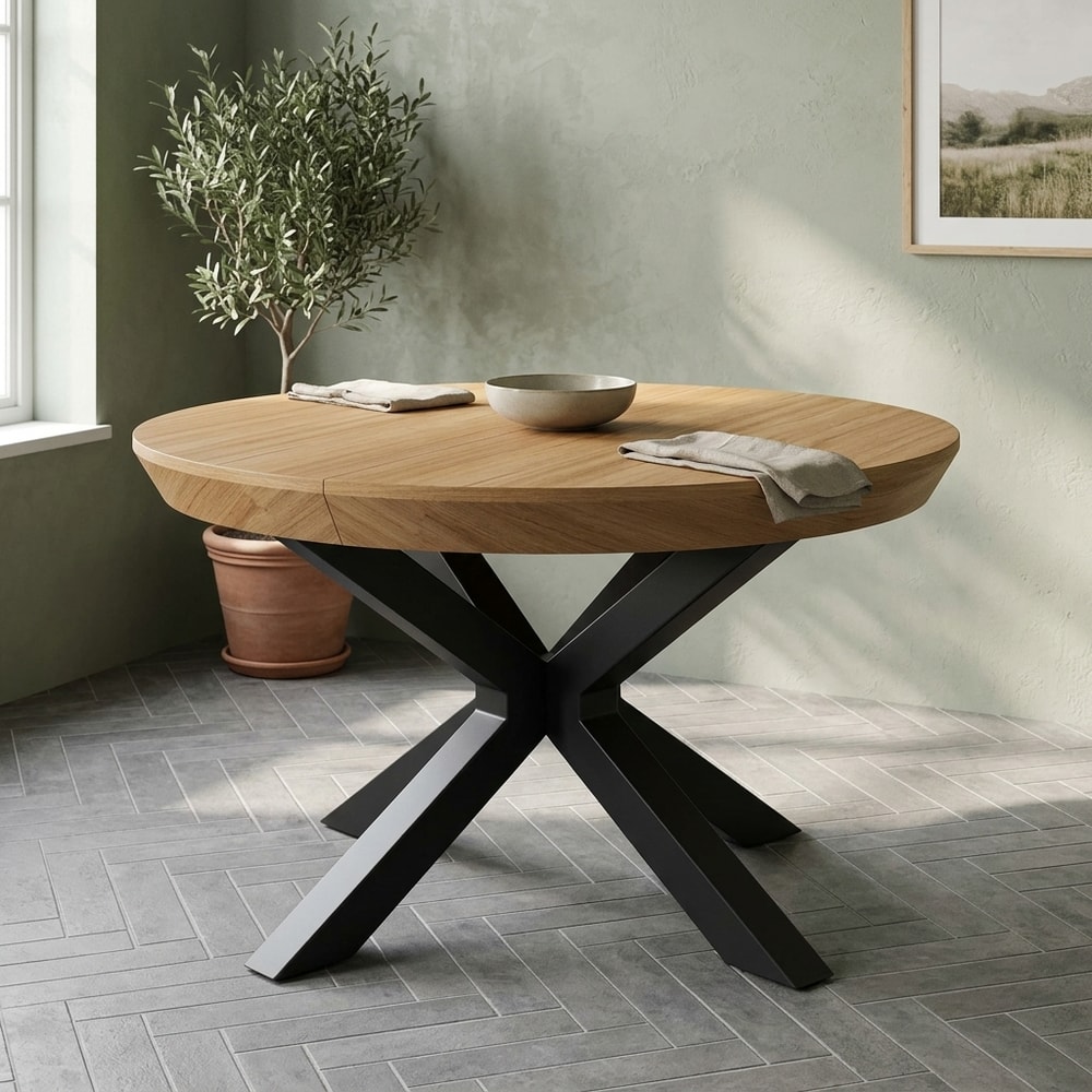 Mesa comedor redonda extensible roble y negro