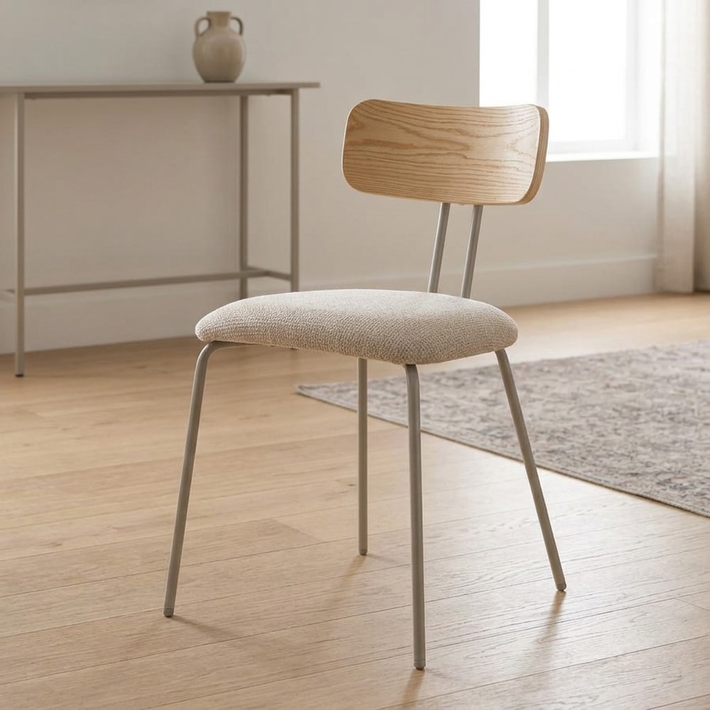 Silla de comedor tapizada beige y madera roble