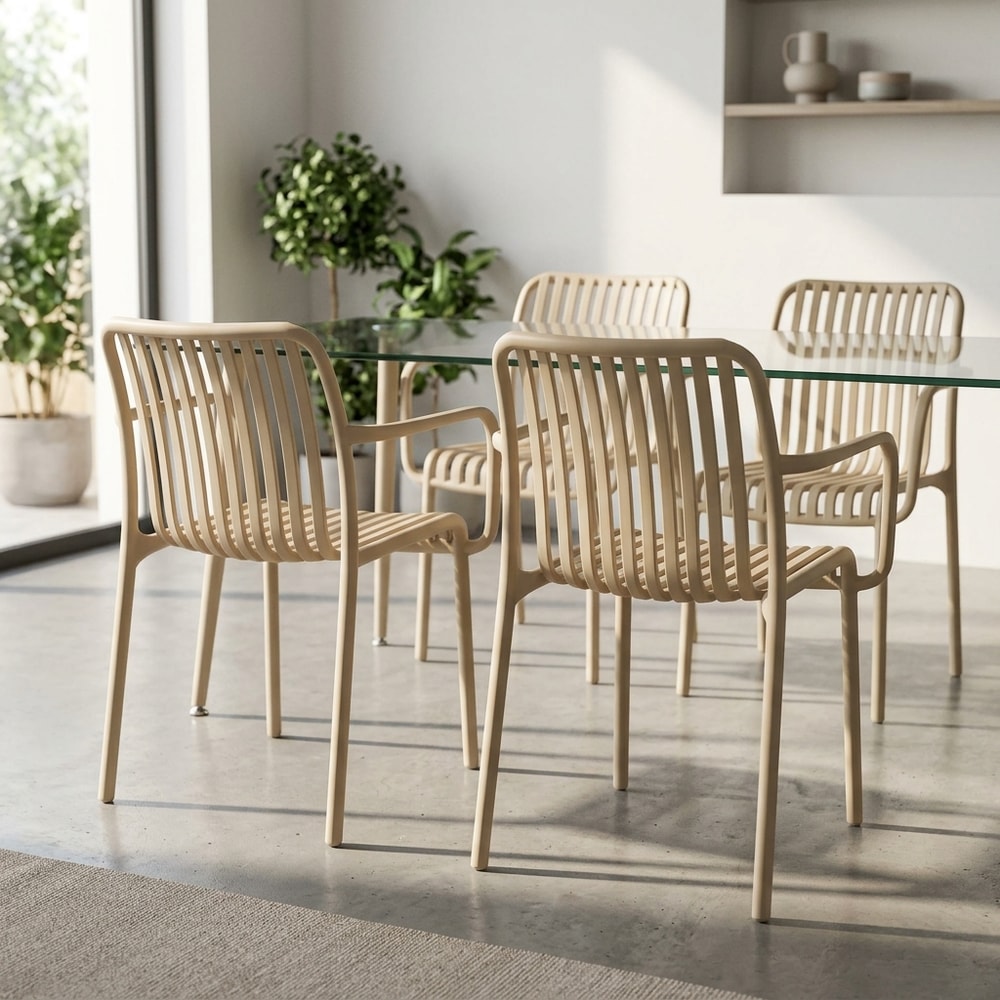 Pack 4 sillas de exterior con reposabrazos beige