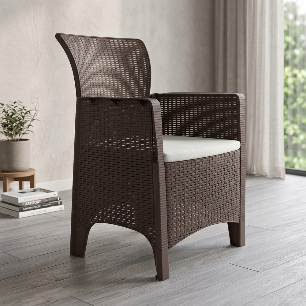 Sillón de exterior efecto rattán con cojín beige