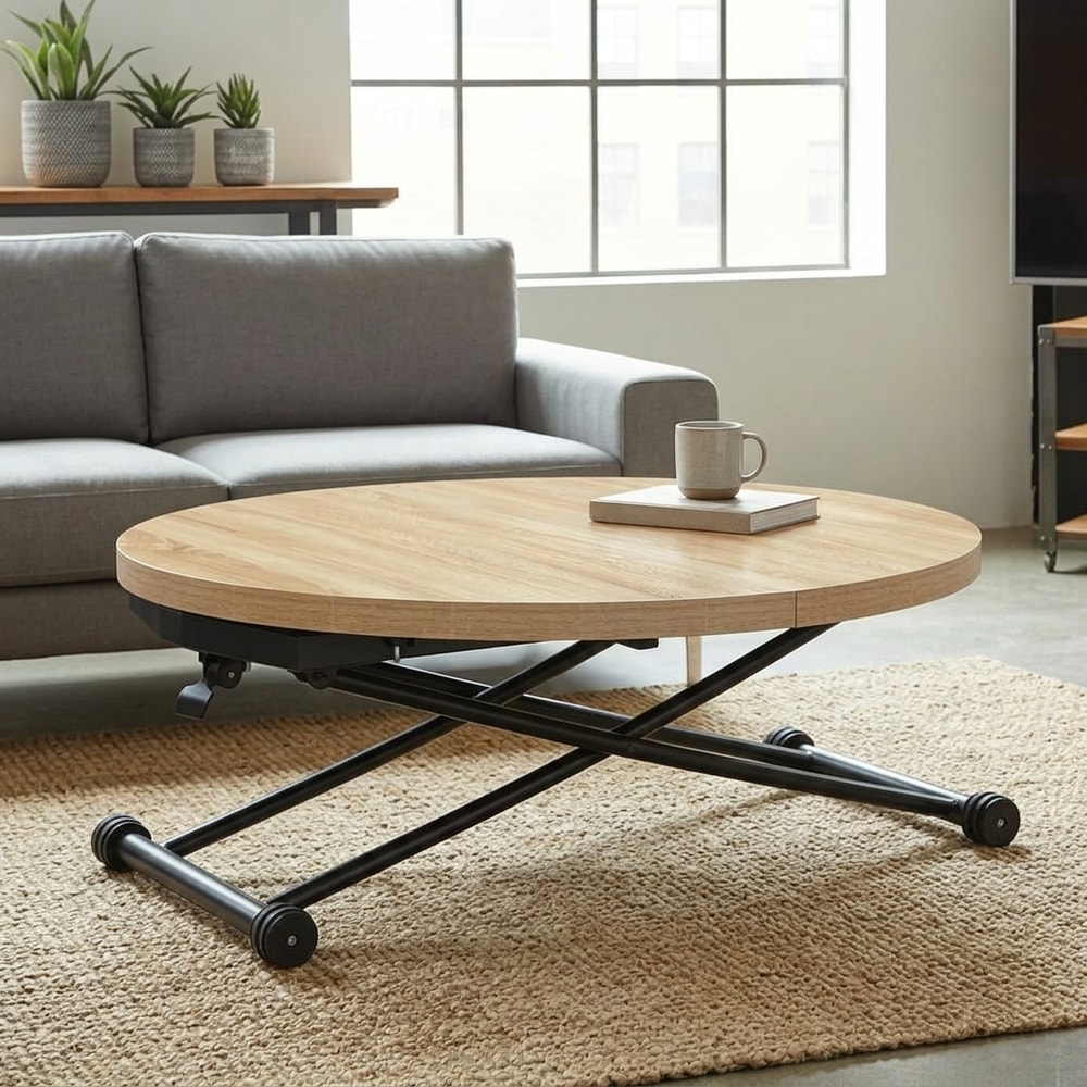 Mesa centro redonda elevable y extensible roble