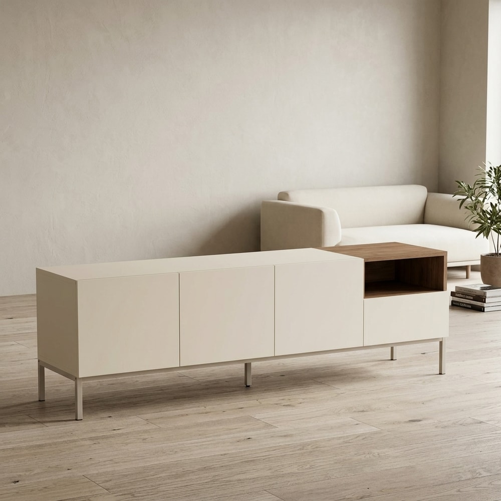 Mueble de TV Crema y Madera con Patas Metálicas