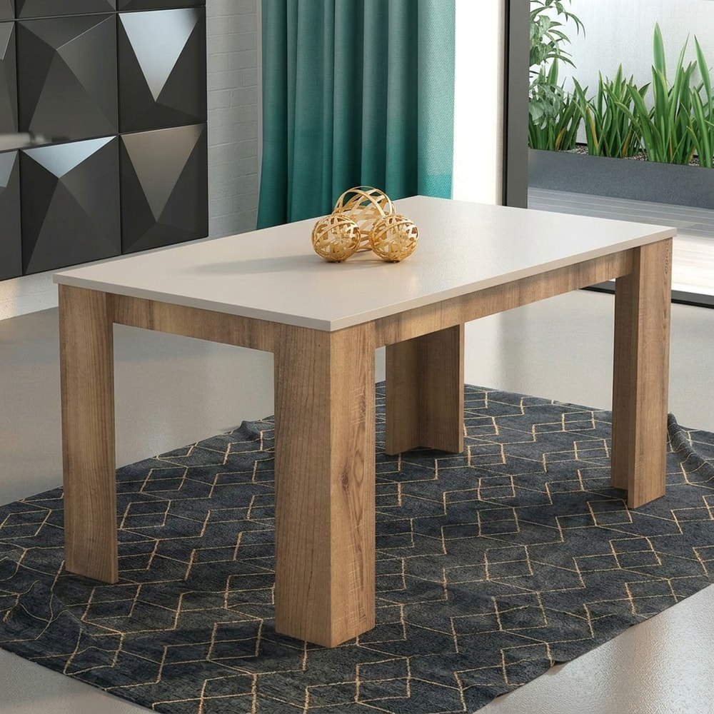 Mesa de comedor rectangular beige y madera
