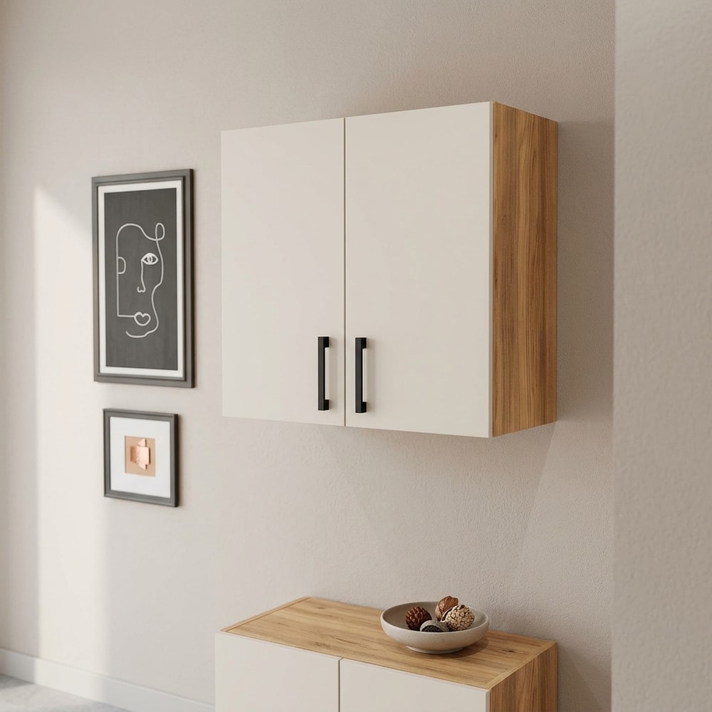 Mueble Alto Auxiliar de 2 Puertas Blanco y Roble